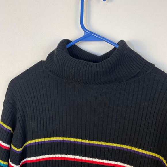 Women’s turtle neck stripe black sweater with pops of color rib knit size L - Picture 7 of 12